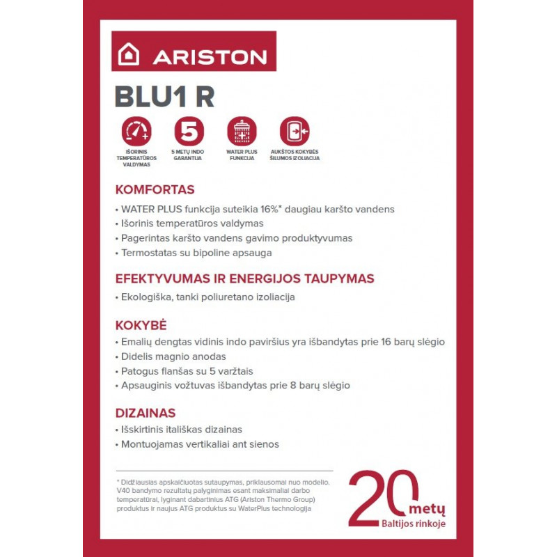 Ariston BLU1 R 80 H 1.5kW 75L elektrinis vandens šildytuvas | vandens-sildytuvai.lt